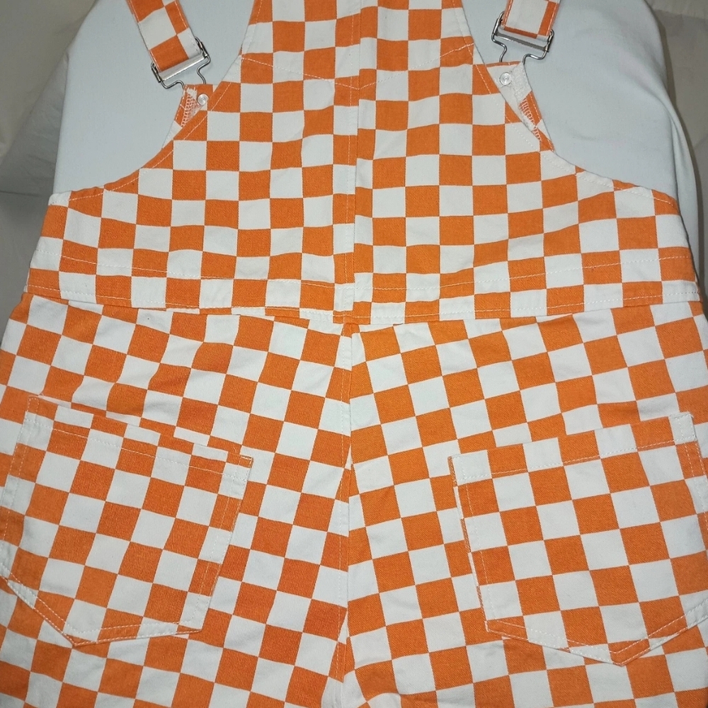 JEAN OVERALLS PANTS CHECKERED PLAID ORANGE WHITE DENIM Meas. Waist 38 Inseam 26